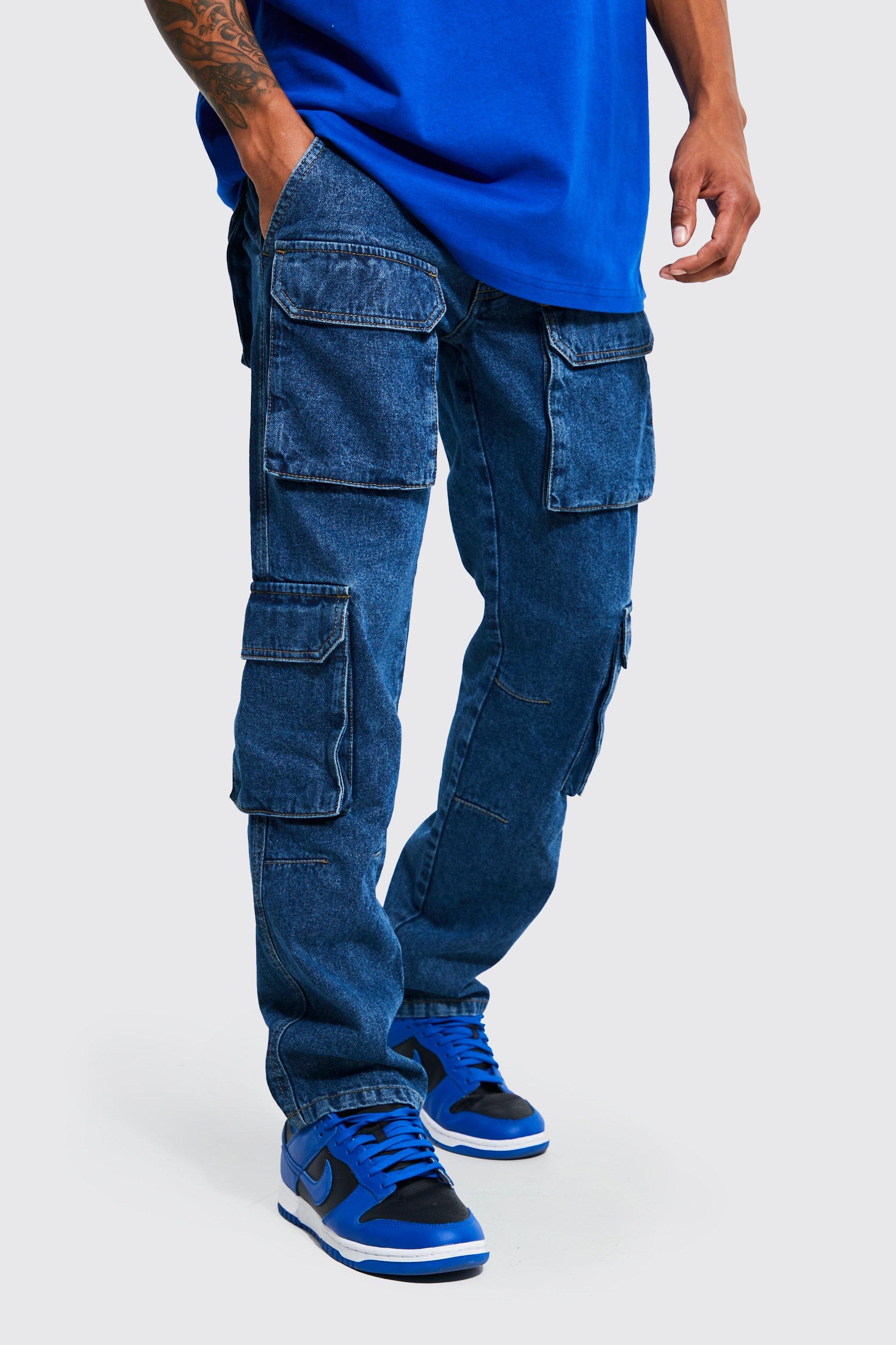 Mens Blue Straight Rigid 3d Cargo Pocket Jeans, Blue